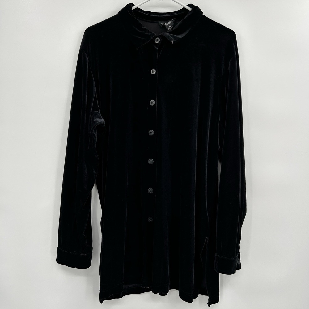 NY&CO Womens Black Velvet Button Down Top XL Whimsigoth Gothic Vamp Witchy